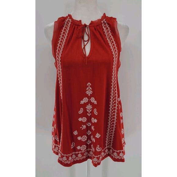 Anthropologie Embroidered Tank Top Small Red Keyhole Bohemian Festive Paisley - Picture 2 of 12